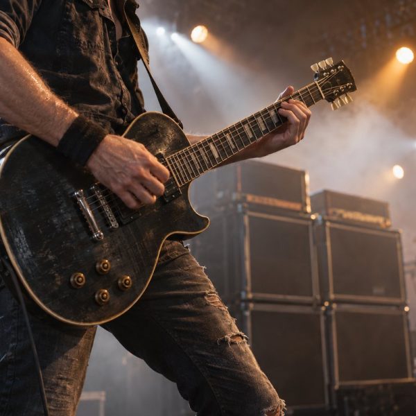 Gitarzysta rockowy z gitarą elektryczną na scenie koncertowej przy wzmacniaczach