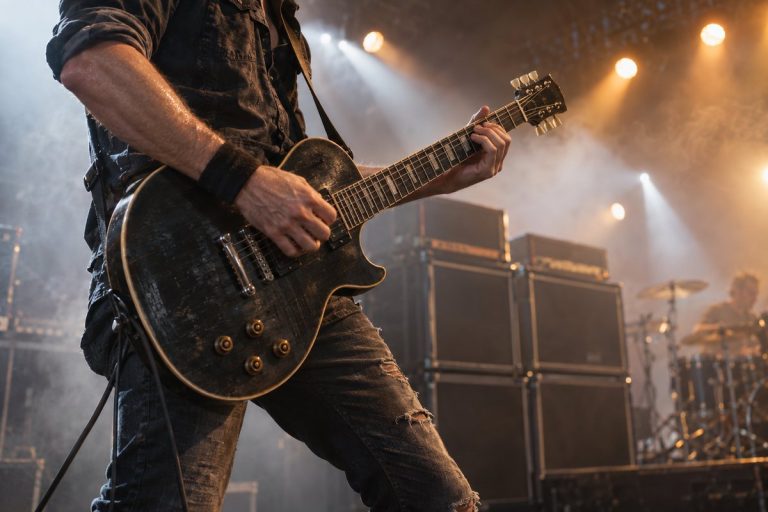 Gitarzysta rockowy z gitarą elektryczną na scenie koncertowej przy wzmacniaczach