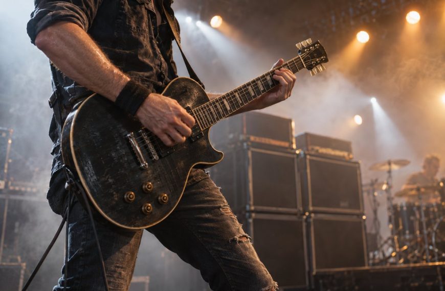 Gitarzysta rockowy z gitarą elektryczną na scenie koncertowej przy wzmacniaczach