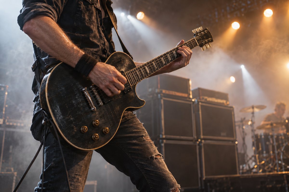Gitarzysta rockowy z gitarą elektryczną na scenie koncertowej przy wzmacniaczach