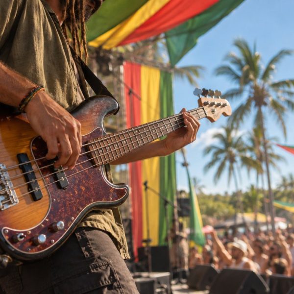 Muzyk grający na gitarze basowej na plenerowym koncercie reggae wśród palm