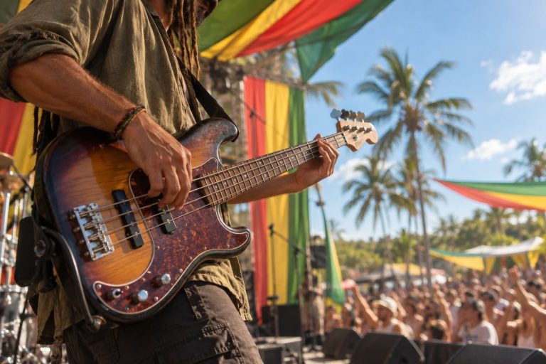 Muzyk grający na gitarze basowej na plenerowym koncercie reggae wśród palm