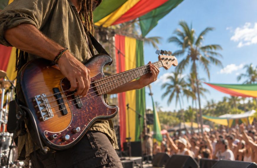 Muzyk grający na gitarze basowej na plenerowym koncercie reggae wśród palm
