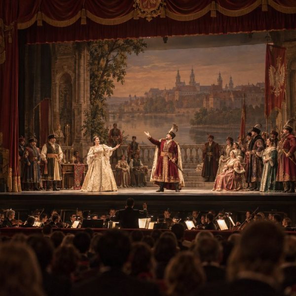Przedstawienie polskiej opery narodowej, śpiewacy w kontuszach na scenie teatru