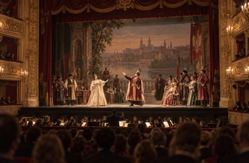 Przedstawienie polskiej opery narodowej, śpiewacy w kontuszach na scenie teatru