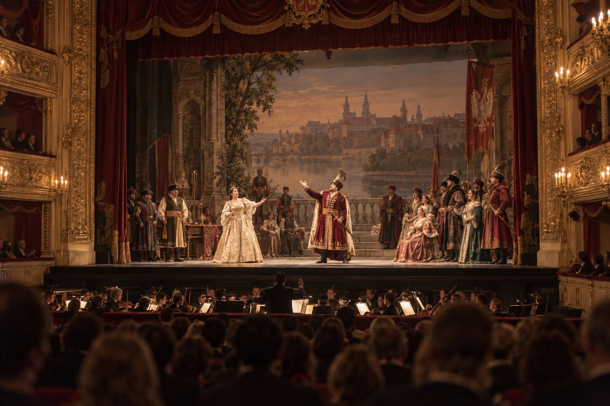 Przedstawienie polskiej opery narodowej, śpiewacy w kontuszach na scenie teatru