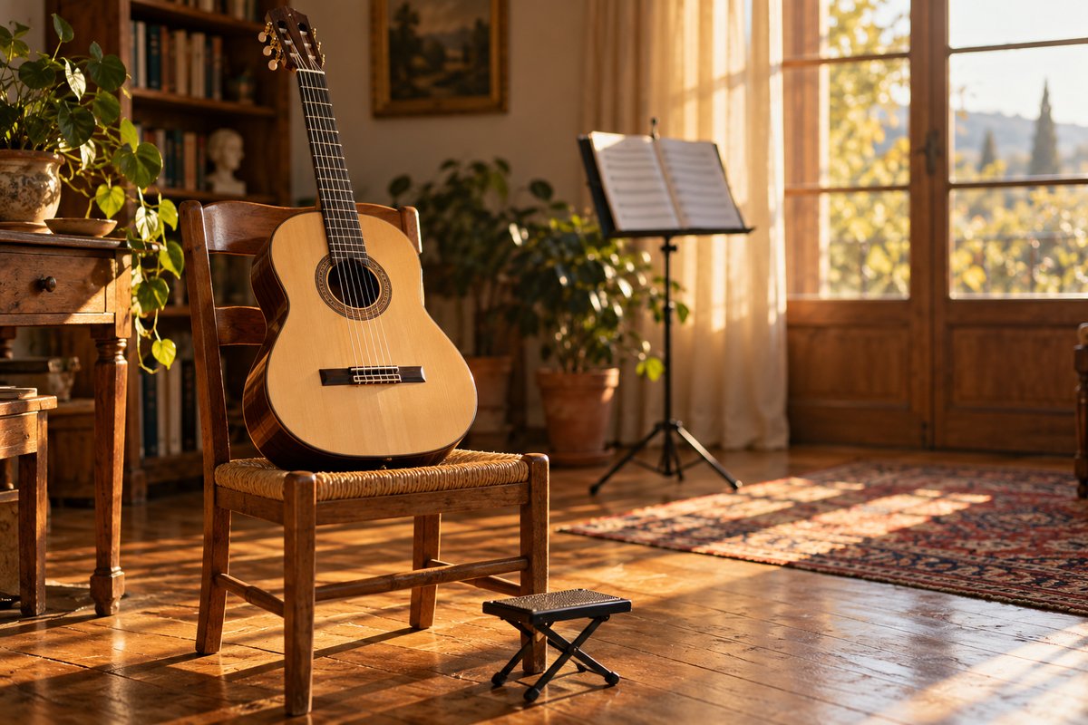 Gitara klasyczna z płytą wierzchnią ze świerku i nylonowymi strunami oparta o krzesło obok podnóżka gitarowego