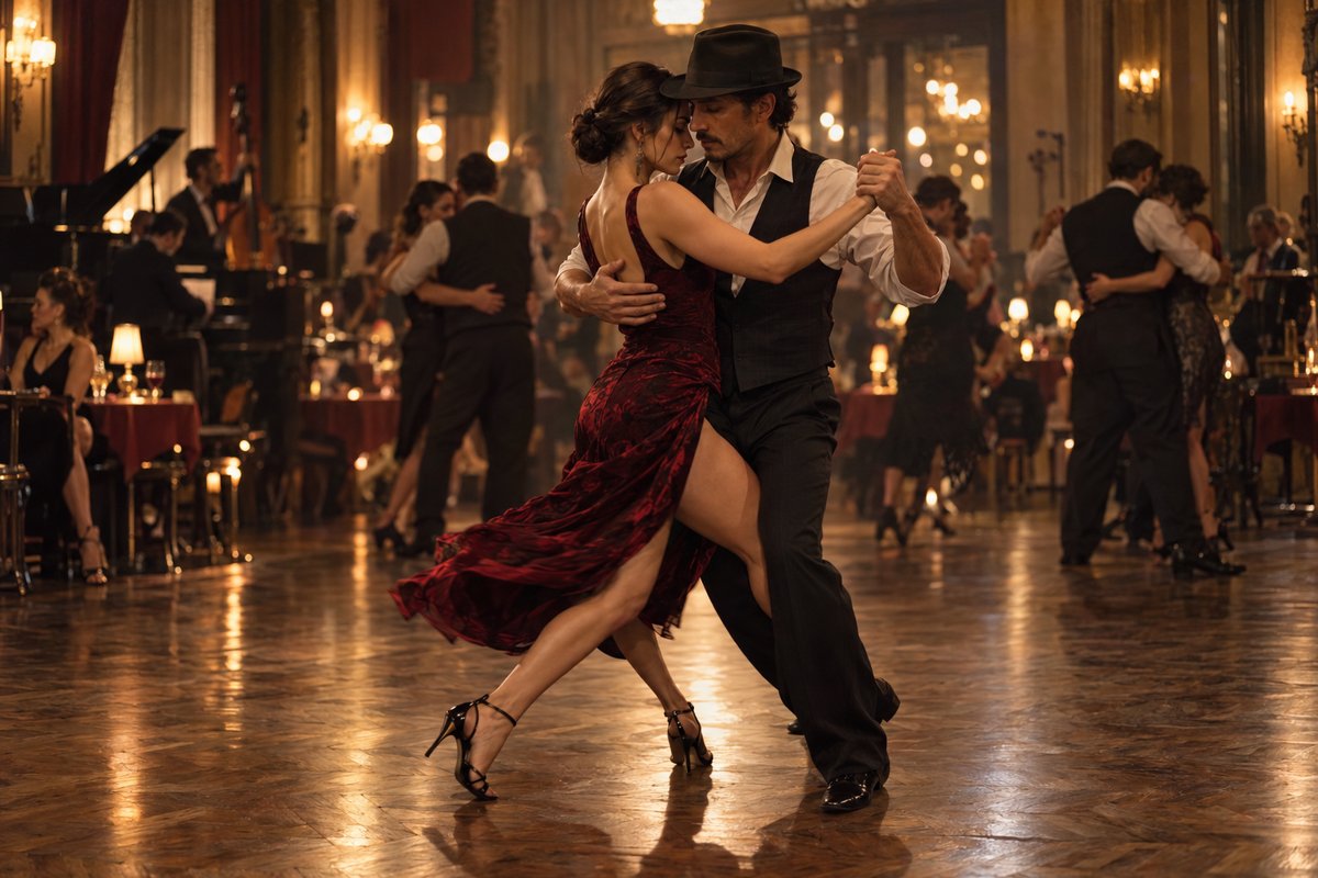 Para tańcząca tango argentyńskie w bliskim objęciu podczas wieczornej milongi