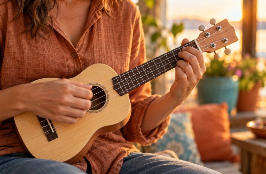 Osoba grająca na sopranowym ukulele z jasnego drewna w ciepłym świetle zachodzącego słońca